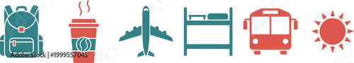 Set of travel and vacation icons including backpack airplane coffee bed bus and sun symbols for tourism design projects