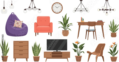 Set of Modern Interior Furniture and Home Decor Elements Including Chairs Tables Plants and Lighting Fixtures Vector Illustration