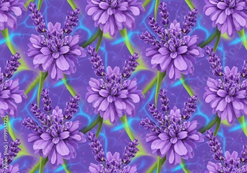 Beautiful seamless pattern with purple lavender flowers and bright pink blossoms on a dark violet background for textiles and wallpaper design