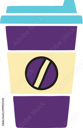 Flat vector icon of a coffee cup with a lid for take away drinks in purple and blue colors for cafes and restaurants