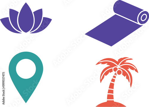 Set of travel and wellness icons featuring a lotus flower yoga mat map pin and tropical palm tree for vacation design