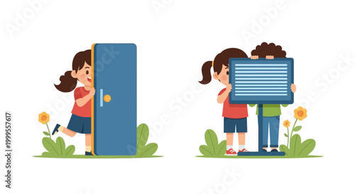 Vector illustration of a cartoon family with children and a dog playing by a house with flowers and a tree under the sun