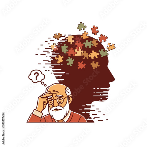 An elderly man with a beard and glasses is confused, with a silhouette of a head filled with puzzle pieces representing memory loss.