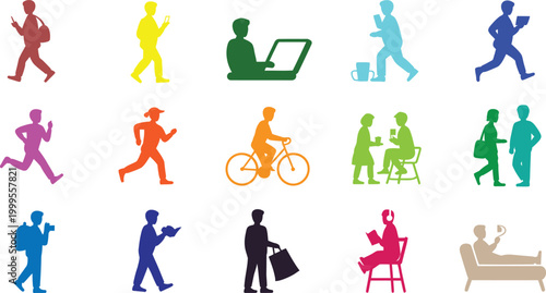 Collection of colorful diverse human figures engaged in various daily activities and hobbies isolated on a transparent background vector design