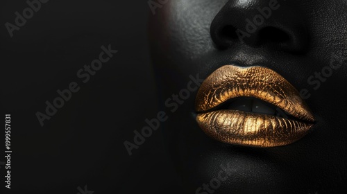 Black woman with golden lips and black background.