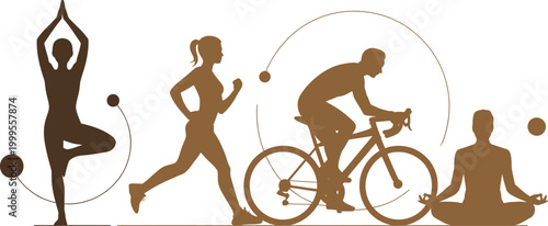 Collection of diverse silhouettes representing various healthy lifestyle activities including yoga running cycling and meditation isolated on transparent background vector design