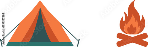 Orange camping tent and burning campfire icon set for outdoor adventure and travel design elements