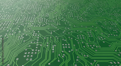 Close-up of green circuit board with silver components and pathways