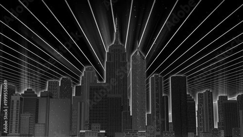 Black white cyber city skyline with glowing laser sky seamless VJ loop