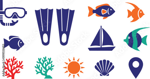 Set of colorful summer sea and ocean icons featuring snorkeling gear fish sailboat coral reef sun and seashell elements