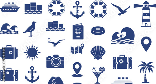 Set of travel and summer vacation icons with cruise ship anchor lighthouse camera and luggage in a flat blue design