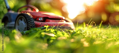 Lawn mower on green grass.