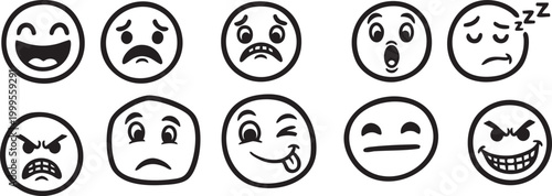Set of ten different cartoon faces showing various emotions and expressions