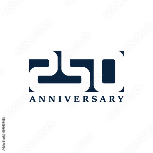 A stylized 250 anniversary logo with dark blue text and white background