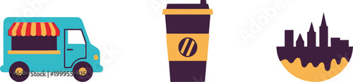 Set of flat icons featuring a blue food truck, a dark coffee cup, and a city skyline silhouette for urban business design