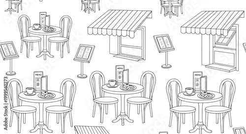 Seamless Pattern of Outdoor Cafe Tables Chairs and Restaurant Menu Stands Hand Drawn Black and White Illustration