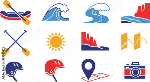 Set of colorful adventure and travel icons featuring rafts waves mountains sun helmets and a camera for outdoor activities