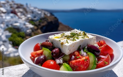Horiatiki salad served in Santorini by the sea