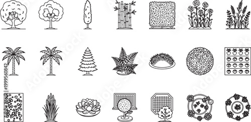 Set of Hand Drawn Garden Plants and Landscape Elements Vector Icons for Architectural Design and Landscaping