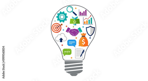 Business Ideas Light Bulb: Strategy, Innovation, Growth, Finance, Success Icons