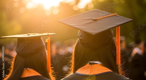 Close up of two graduates wearing black caps with orange tassels during golden sunset