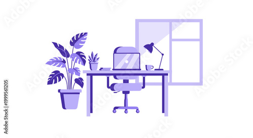 A minimalist purple illustration of a modern home office workspace with a plant