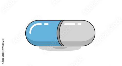 A blue and white capsule pill on a white base against a black background