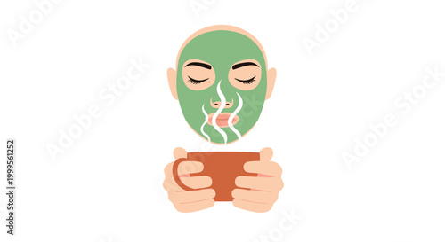 A green face mask with closed eyes holding a cup