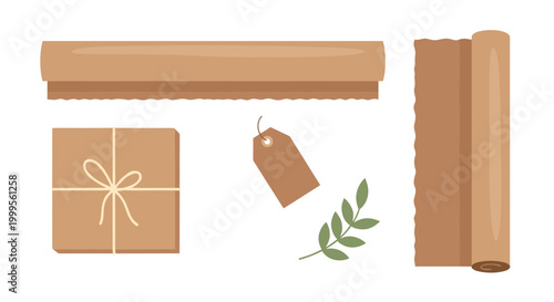 A set of brown cardboard boxes and a gift tag with a leaf on a black background
