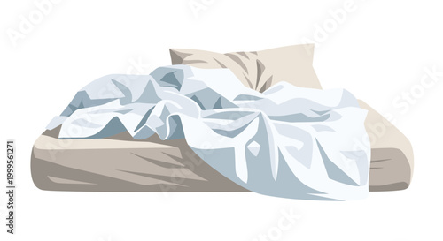 A vector graphic illustration of a messy bed with rumpled sheets