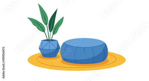 A minimalist vector graphic of a potted plant and pouf on a rug