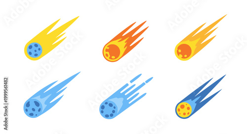 A vector graphic illustration of six colorful comet icons in motion