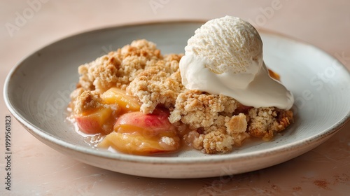 Georgia peach cobbler with melting ice cream on a plate