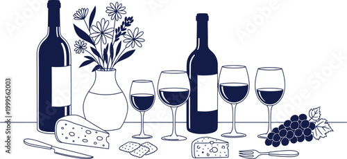 Wine still life icon elegant bottles glasses cheese and grapes a classic beverage illustration