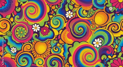 Vibrant psychedelic floral swirl pattern with colorful flowers and spirals