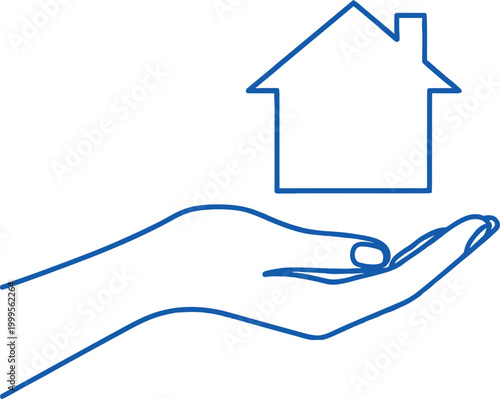 Home insurance icon protecting your property with a hand holding a house line drawing