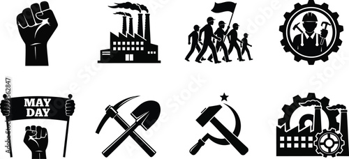 Labor day icons set industrial symbols and protest signs in black
