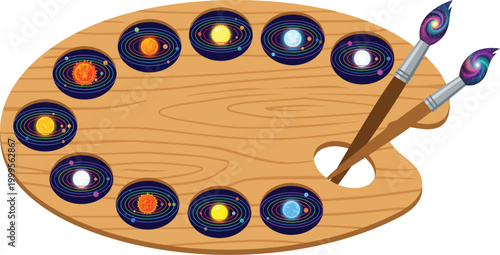 Artist's wooden palette with planets and brushes, representing cosmic art creation.