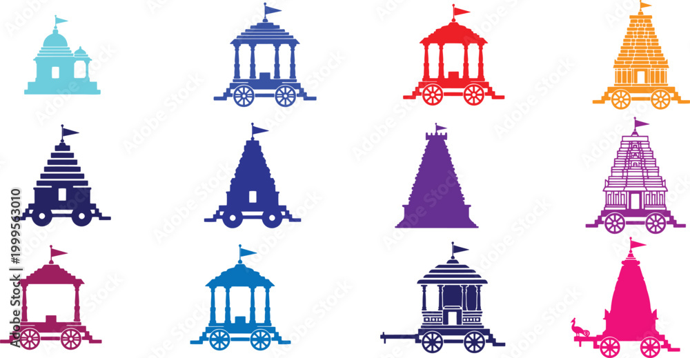 Fototapeta premium A set of vector illustrations with icons of various world travel attractions and vacation castles in an artistic city building design.