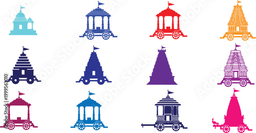 A set of vector illustrations with icons of various world travel attractions and vacation castles in an artistic city building design.
