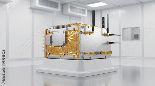 Compact satellite device with black antennas and gold insulation on a white stand in a laboratory, wireless communication, space hardware, digital future.