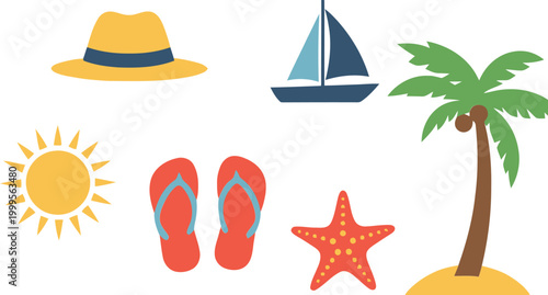 Summer vacation icons set with sun hat boat flip flops starfish and palm tree for travel and holiday design elements