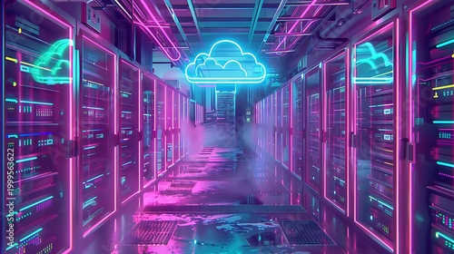 Futuristic Neon Library: Digital Data, Cybersecurity, and Technology in a Vibrant Sci-Fi Landscape