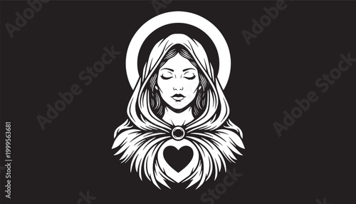 Black illustration of a holy woman with a heart pendant.