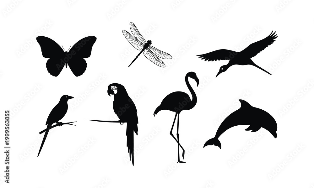 Obraz premium Vector silhouette collection various animals and insects isolated on white background illustration.