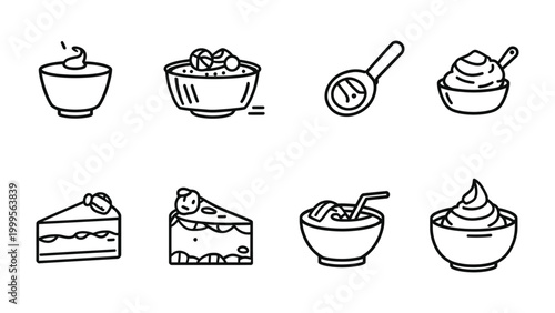 Diverse Desserts Delight: A charming array of hand-drawn desserts including cakes, puddings, and sweets, designed in an elegant monochrome style.