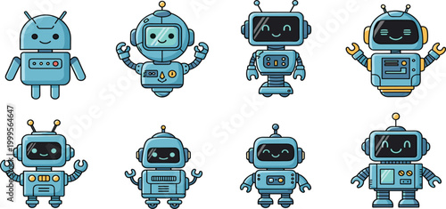 Cute Robot Character Set Collection with Friendly AI Mascot Designs, Cartoon Android Avatars for Technology Apps Games and Branding Projects