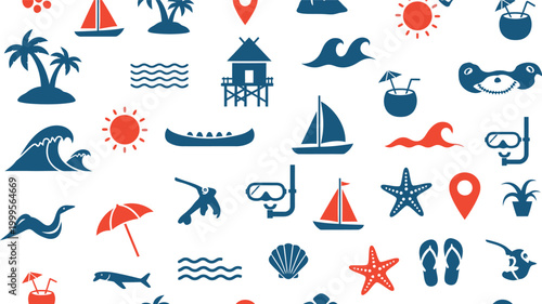 Set of colorful summer vacation and tropical beach icons with boats palm trees waves and snorkeling gear for travel design