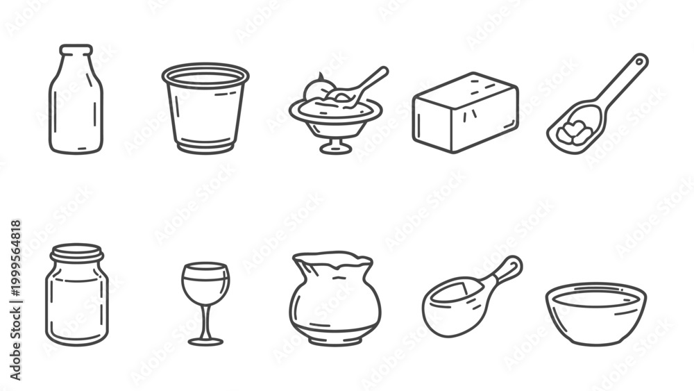 Obraz premium Dairy Delight: A minimalist illustration showcases an array of dairy essentials, including milk, yogurt, ice cream, butter, and more, offering a glimpse into the wholesome world of dairy.
