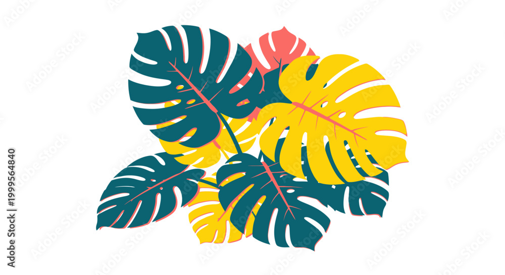 Obraz premium Vibrant Monstera Leaves Tropical Plant Illustration Isolated on White Background